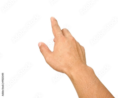 Men's hands making gestures like I'm pointing at something. or touch the phone screen Isolated on white background.