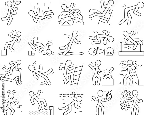 accident injury man person icons set vector. human car crash, fail safety, road danger, slip caution, work risk traffic accident injury man person black contour illustrations