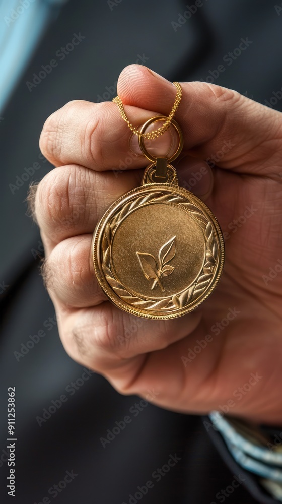 Hand holding gold medal with leaf design. Hand holding gold medal with leaf design.