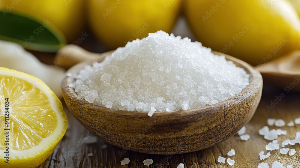 Wooden bowl filled with sea salt accompanied by fresh lemons, highlighting the natural essence and enhancing culinary experiences through simple and wholesome ingredients. Wooden bowl filled with sea salt accompanied by fresh lemons, highlighting the natural essence and enhancing culinary experiences through simple and wholesome ingredients.