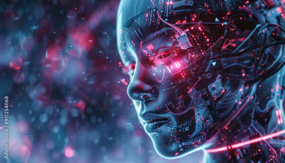 Futuristic Portrait of a Human-like Android Surrounded by Vibrant Neon Lights and Circuitry Futuristic Portrait of a Human-like Android Surrounded by Vibrant Neon Lights and Circuitry