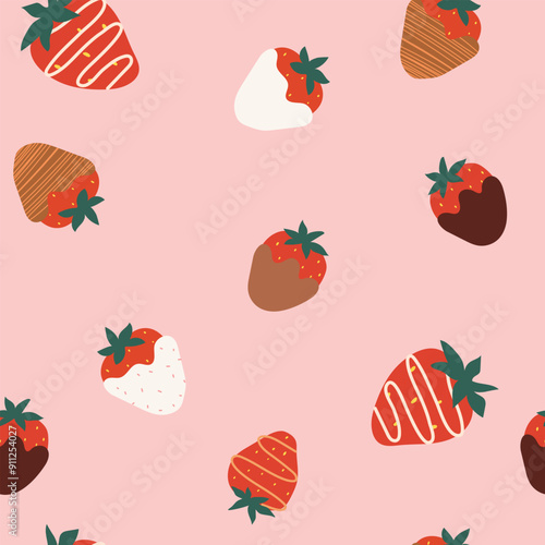 Seamless vector pattern with red chocolate covered strawberries on a pink background in a flat style. Ideal for print, wrapping paper, wallpaper, fabric, design