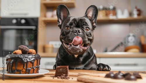 Happy French Bulldog Enjoying Chocolate Cake at Home Kitchen During Daytime photo