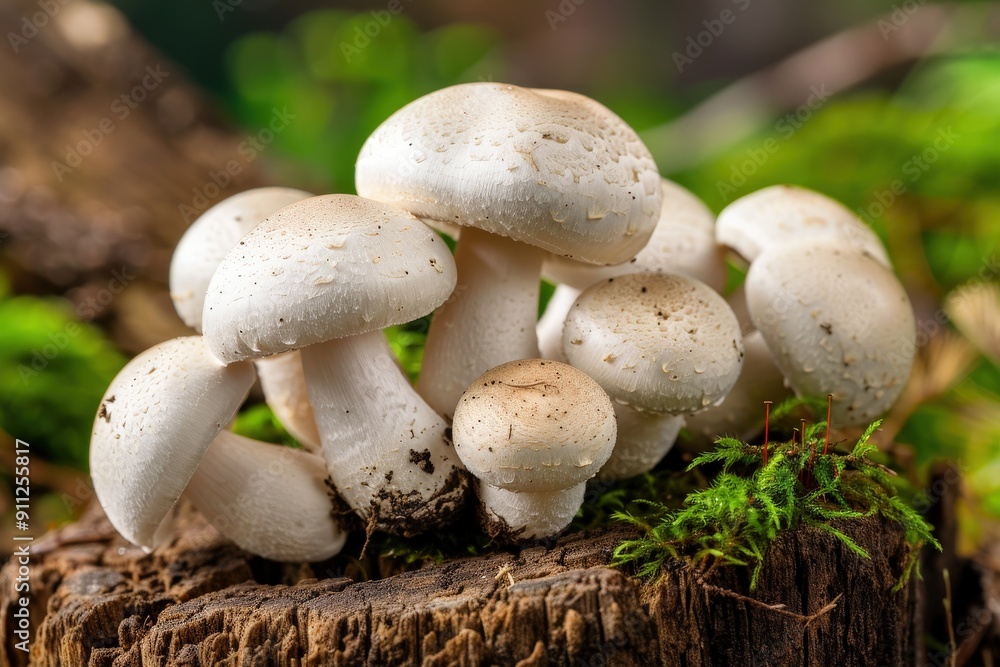 Cluster of White Mushrooms on Mossy Tree Stump Cluster of White Mushrooms on Mossy Tree Stump