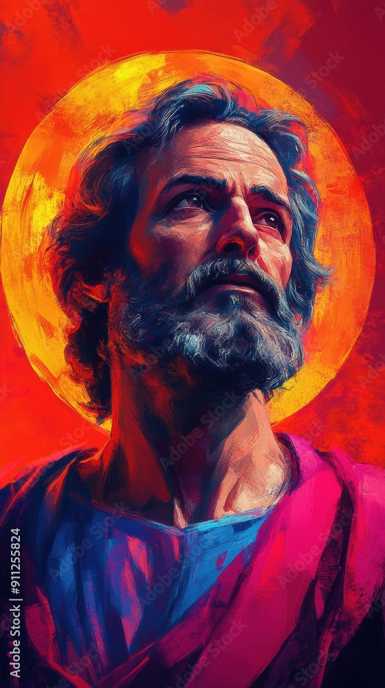 Vibrant Portrait of a Saint Against a Fiery Background Vibrant Portrait of a Saint Against a Fiery Background