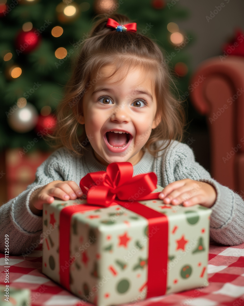 A heartwarming photo capturing a young child opening a gift with pure joy and surprise, surrounded by festive decorations and a Christmas tree. A heartwarming photo capturing a young child opening a gift with pure joy and surprise, surrounded by festive decorations and a Christmas tree.
