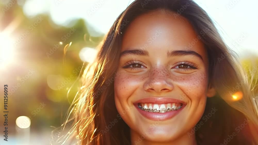 Closeup of Pretty Woman Smiling with Braces on Teeth - Dentist Medicine Treatment, Happy Patient Closeup of Pretty Woman Smiling with Braces on Teeth - Dentist Medicine Treatment, Happy Patient