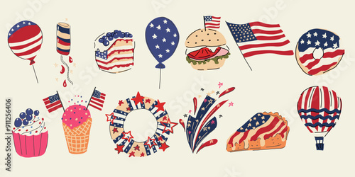 Vector Patriotic hand drawn set. Happy Independence Day concept. American holiday.