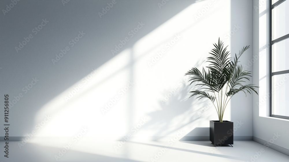 Minimalist interior design with white sunlit wall, potted decorative houseplant and shadows on a wall Minimalist interior design with white sunlit wall, potted decorative houseplant and shadows on a wall