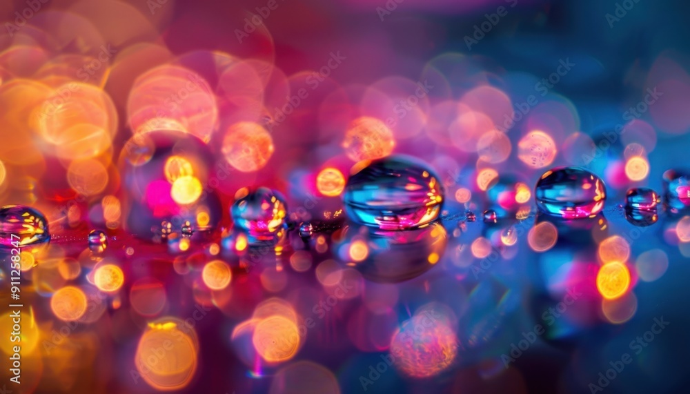 Colorful Light Reflections in Water Droplets on a Surface at Night Colorful Light Reflections in Water Droplets on a Surface at Night