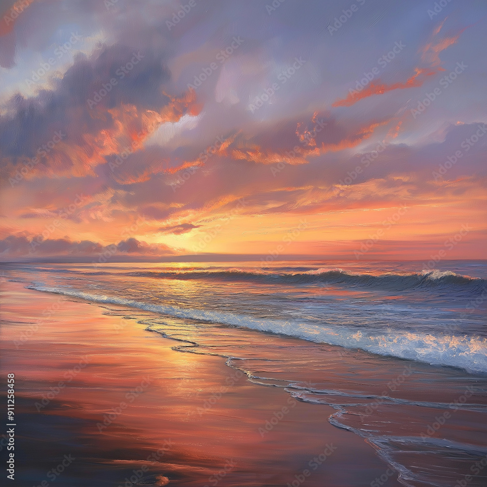 Beach at sunset with dramatic skies, soft waves, and vibrant hues of orange and pink Beach at sunset with dramatic skies, soft waves, and vibrant hues of orange and pink