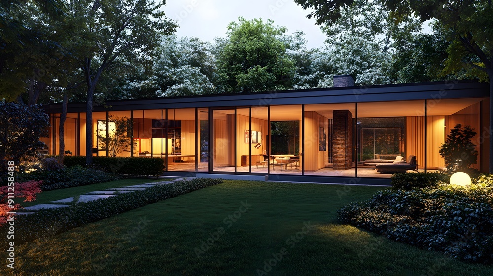 Mid-century modern house, floor-to-ceiling windows, flat roof, wood exterior, lush green garden, manicured lawn, sunlit interior, warm evening glow, reflective glass, tranquil atmosphere. Mid-century modern house, floor-to-ceiling windows, flat roof, wood exterior, lush green garden, manicured lawn, sunlit interior, warm evening glow, reflective glass, tranquil atmosphere.