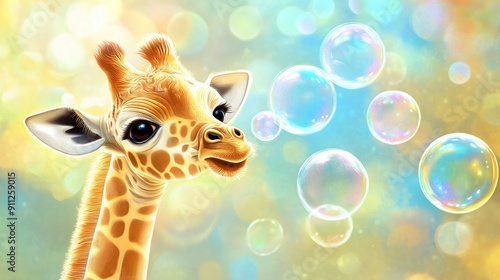 Adorable baby giraffe cartoon blowing bubbles, having fun and being playful