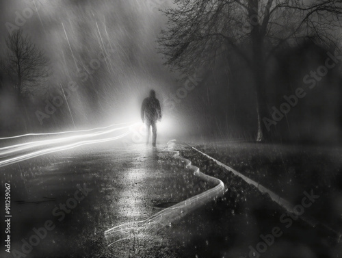 A man is walking down a wet road in the rain. The image has a moody and mysterious feel to it, as the man is the only visible figure in the dark and rainy setting