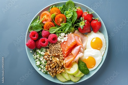 A colorful plate of healthy food featuring eggs, salmon, berries, and greens, perfect for a nutritious meal. photo