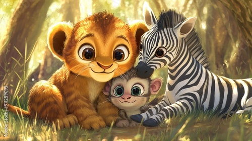Adorable big-eyed baby animal cartoons, featuring a lion cub, monkey, and zebra foal, playing together