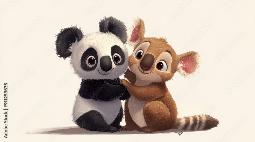Obraz premium Big-eyed baby animal cartoons, with a panda, koala, and kangaroo joey, hugging and smiling