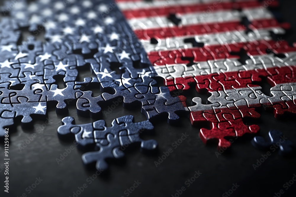 Obraz premium US crisis with the American flag in a jigsaw puzzle as pieces missing in a financial banking debt and loan guarantees with economic problems due to the mortgage and loans industries.