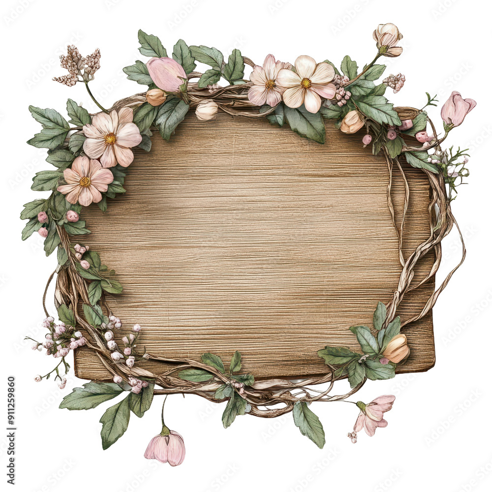 Fototapeta premium Empty Wooden Sign Adorned With Floral Wreaths for Seasonal Decor