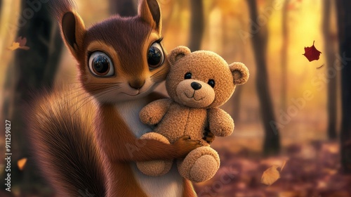 Big-eyed squirrel cartoon holding a teddy bear, showing affection and cuteness
