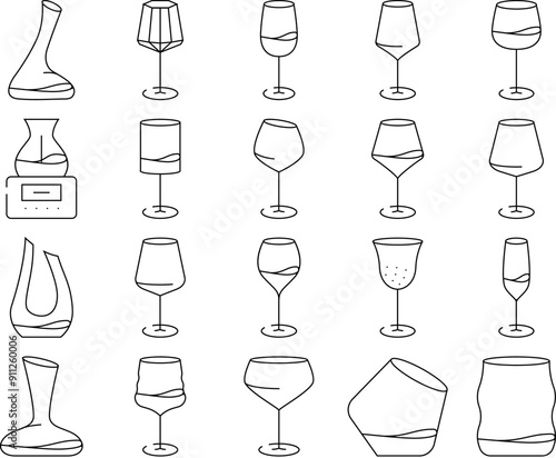 glass wine red wineglass drink icons set vector. alcohol, merlot, bar cup, cabernet bottle, transparent, liquid party, restaurant glass wine red wineglass drink black contour illustrations