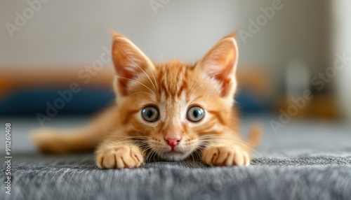 Cute Ginger Kitten Playing on a Soft Bed Indoors During Afternoon Light