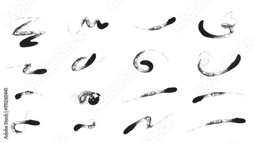 Set of grunge paint brush stroke lines. Hand drawn wavy brush strokes. Hand drawn ink calligraphy elements painting curvy lines. Vector illustration.