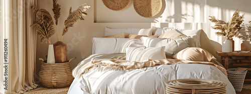 A cozy bedroom, with a white bed and beige accents, evokes a sense of calm and relaxation for a perfect weekend getaway. 
