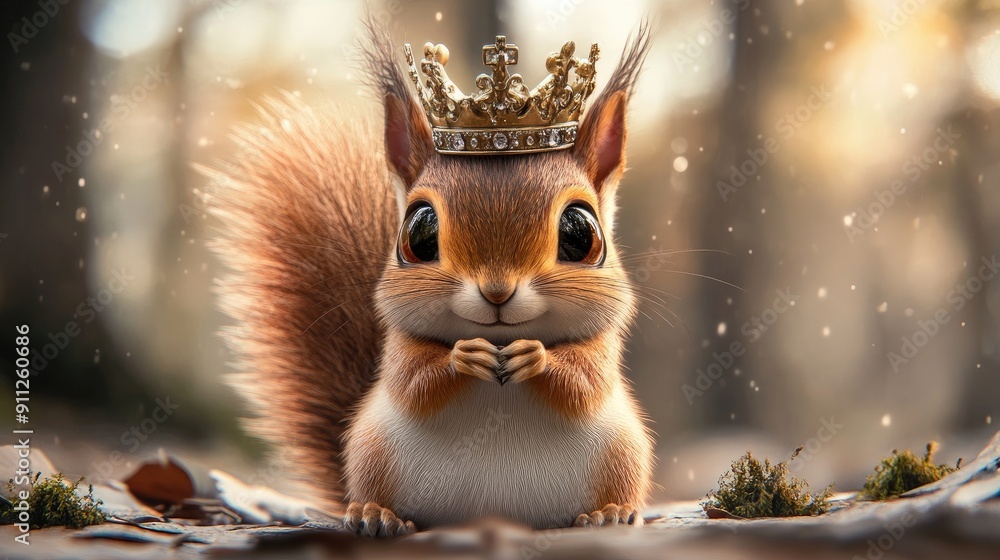Cute big-eyed squirrel cartoon wearing a crown, looking royal and majestic Cute big-eyed squirrel cartoon wearing a crown, looking royal and majestic