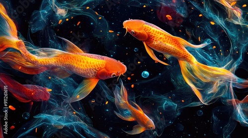 Generative AI of golden fish amidst vibrant hues on black backdrop