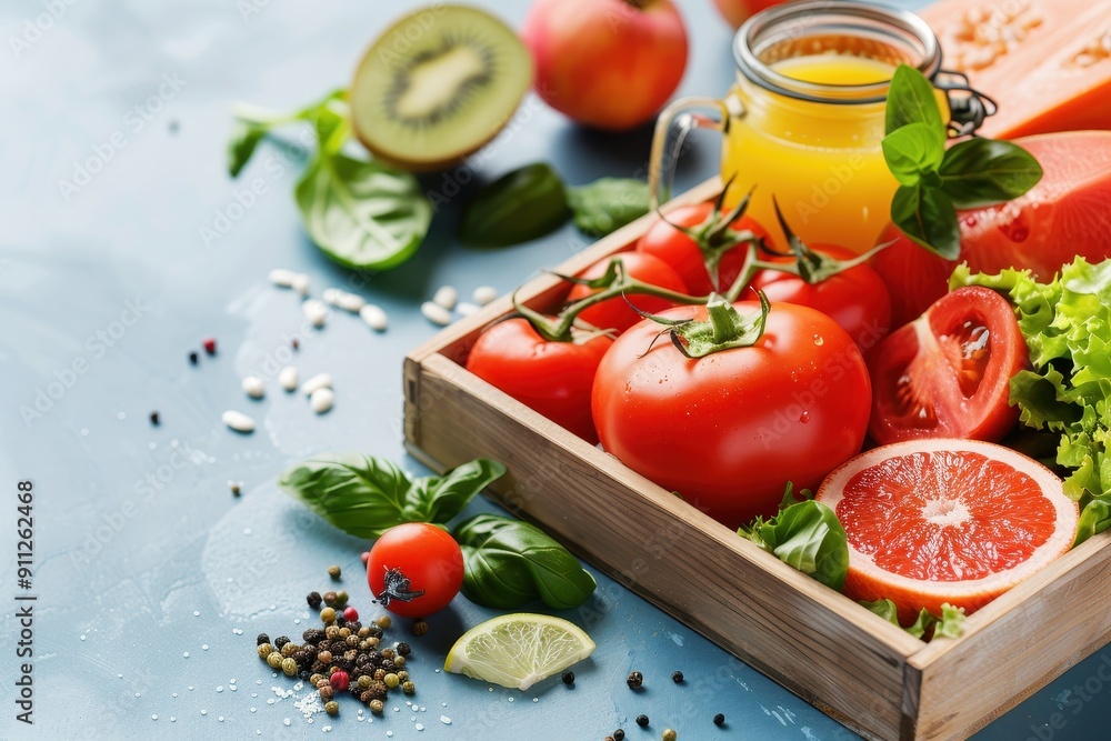 Fresh vegetables and fruits in a wooden box, featuring tomatoes, kiwi, and grapefruit, perfect for healthy eating. Fresh vegetables and fruits in a wooden box, featuring tomatoes, kiwi, and grapefruit, perfect for healthy eating.