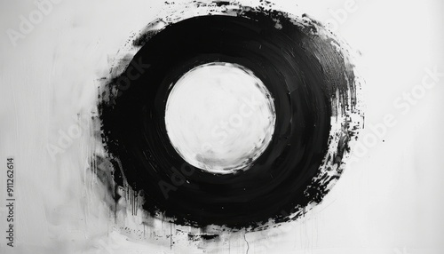 Abstract Black Circle Artwork on White Wall Displaying Minimalist Aesthetic in Art Gallery Setting