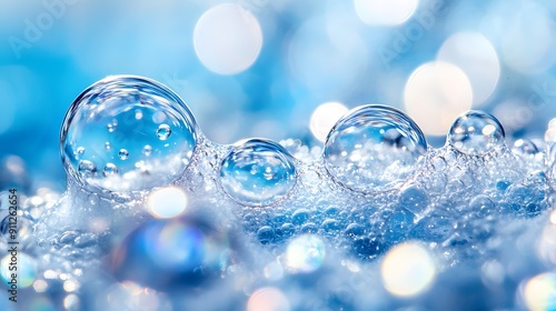 Soap bubbles and foam, ocean blue background, macro photography, water droplets, surface tension, abstract texture, liquid patterns, soft focus, iridescent reflections.