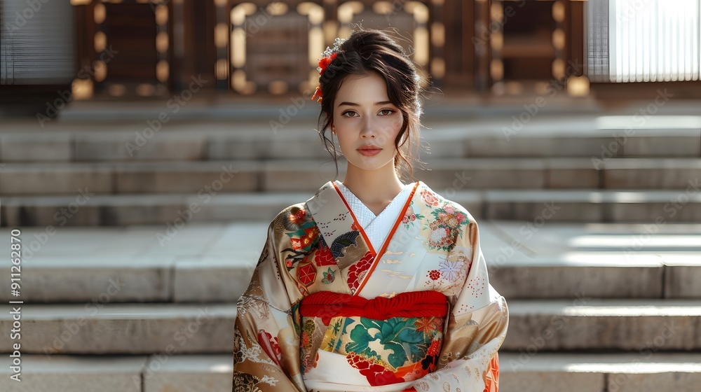 Woman in traditional Japanese kimono on a staircase Woman in traditional Japanese kimono on a staircase