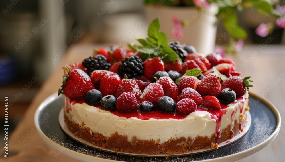 Delicious Fresh Berry Cheesecake on a Sunlit Table Surrounded by Greenery Delicious Fresh Berry Cheesecake on a Sunlit Table Surrounded by Greenery
