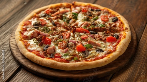 A gourmet pizza with an assortment of toppings, beautifully presented on a rustic wooden background.