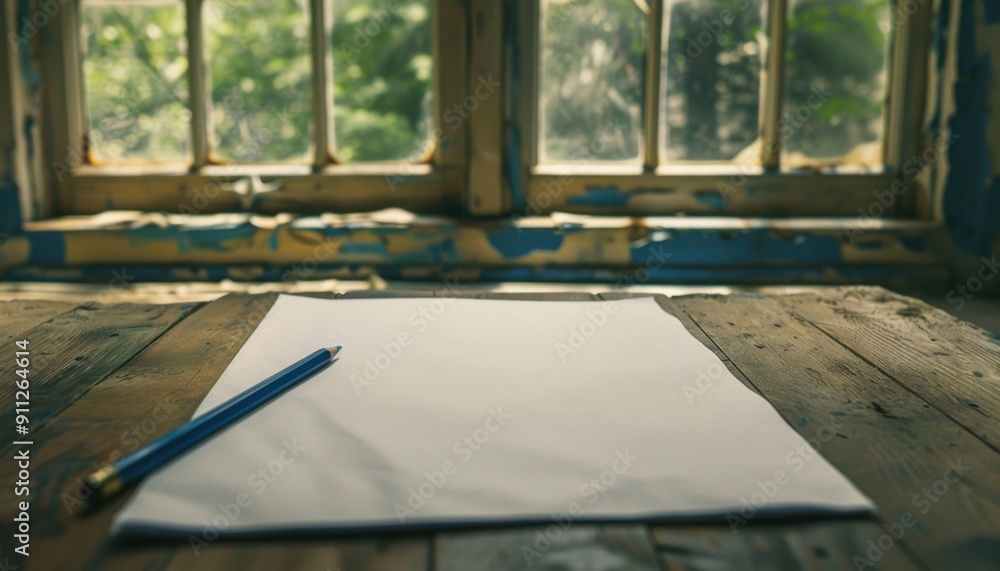 Empty Sheet of Paper and Blue Pencil on Wooden Table by Abandoned Window Empty Sheet of Paper and Blue Pencil on Wooden Table by Abandoned Window