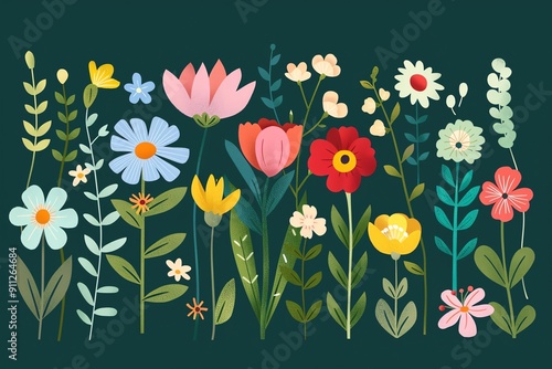 Flowers, array of colorful blooms, flat design illustration photo