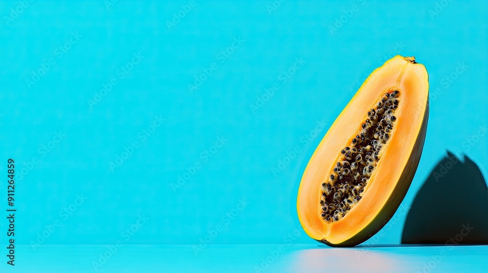 Obraz premium A juicy papaya on a vibrant blue background, with room for text.