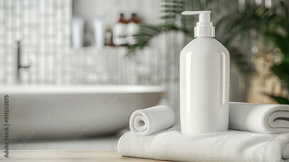 A white bottle of shampoo with stacked towels on a table against a blurred bathroom background, mock up for a design template A white bottle of shampoo with stacked towels on a table against a blurred bathroom background, mock up for a design template