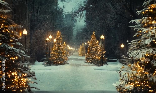 christmas trees on road on night
