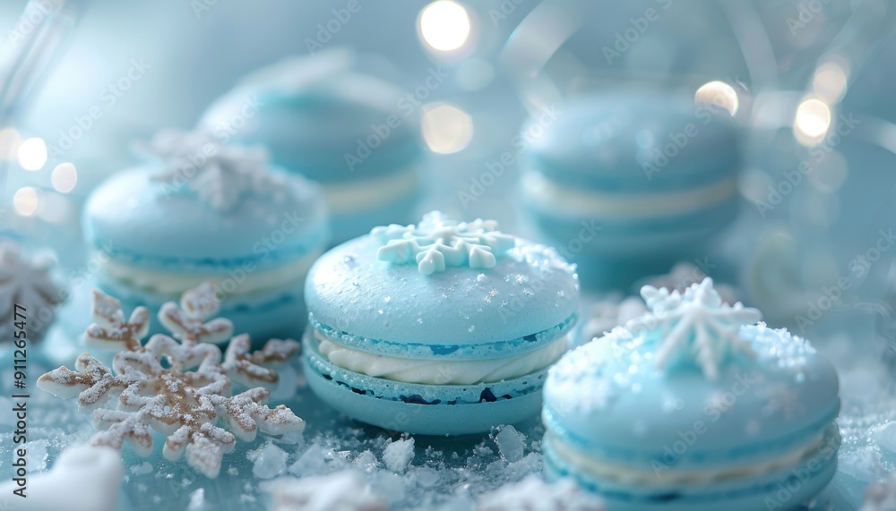 Delicate Blue Macarons With Snowflake Decor on a Winter Afternoon Table Setting Delicate Blue Macarons With Snowflake Decor on a Winter Afternoon Table Setting