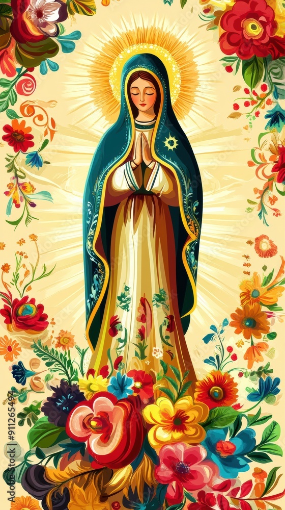 Fototapeta premium Vibrant Virgin Mary Surrounded by Colorful Flowers