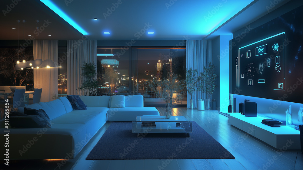 A modern living room with a large flat screen TV and a blue light. The room is decorated with white furniture and a blue rug A modern living room with a large flat screen TV and a blue light. The room is decorated with white furniture and a blue rug