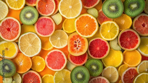 A stunning top view of a variety of sliced fruits, perfectly arranged to create a colorful and refreshing pattern.