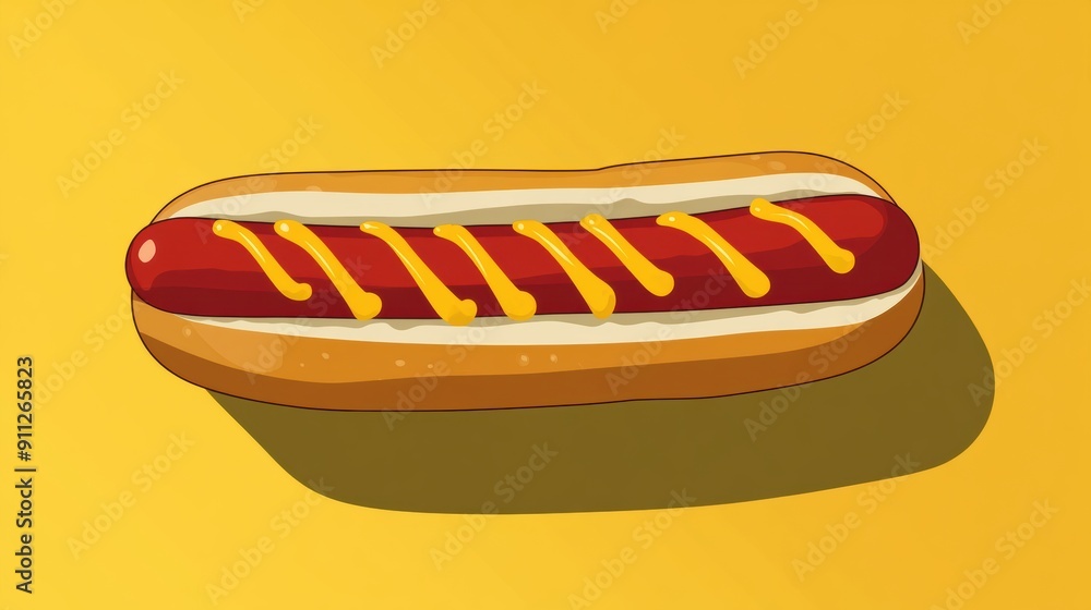 Colorful Hot Dog with Mustard on Yellow Background Colorful Hot Dog with Mustard on Yellow Background