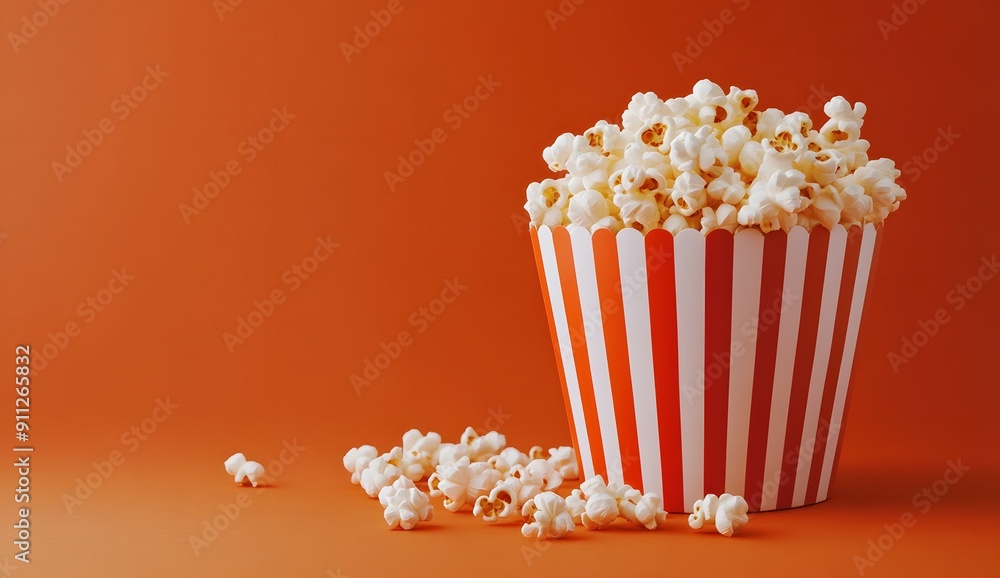 A striped red and white bucket of popcorn on a solid color background, with some popcorn scattered around it. A striped red and white bucket of popcorn on a solid color background, with some popcorn scattered around it.
