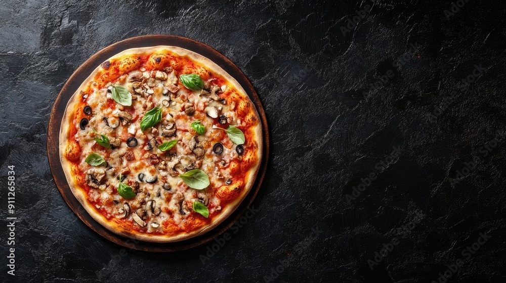 A top view of a pizza with fresh ingredients, displayed on a dark, textured background. A top view of a pizza with fresh ingredients, displayed on a dark, textured background.