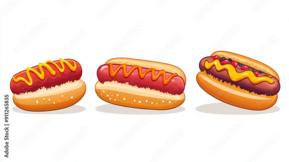 Colorful Hot Dogs with Toppings on White Background Colorful Hot Dogs with Toppings on White Background
