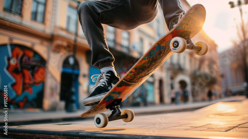 A skateboarder performing an ollie, board and feet in mid-air above the pavement